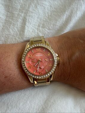 Fossil Riley Multifunction Watch Coral Pink Dial and Crystal Bezel